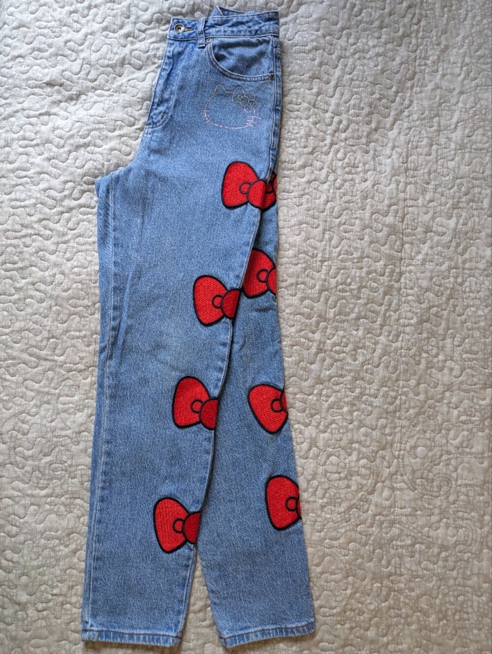 Hello Kitty Light Blue Denim with Red Bow And Rhinestones Embellishments